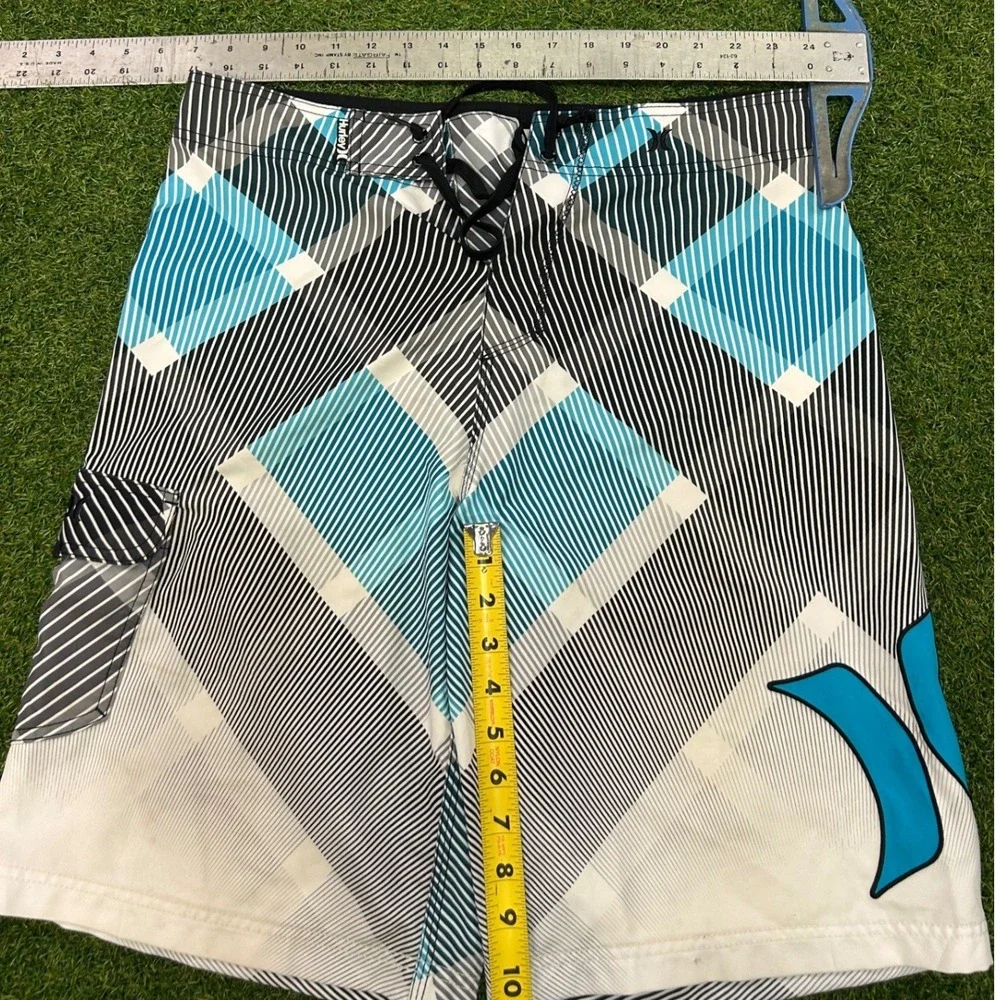 Hurley Mens Blue Black Geometric Plaid Board Shorts Swim Trunks Size L 34 Waist